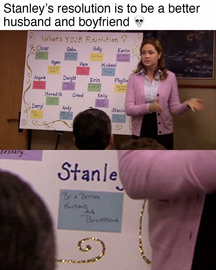 Scene from The Office showing a character presenting a resolution board with various characters' goals for the new year.
