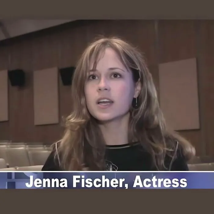 Jenna Fischer speaking in an interview setting, related to memes inspired by the TV series The Office.