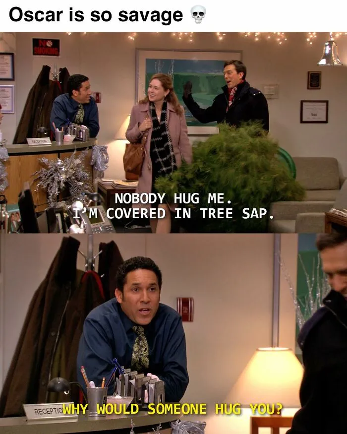 Scene from The Office with characters Oscar and others during holiday decorations, showcasing a humorous meme moment.