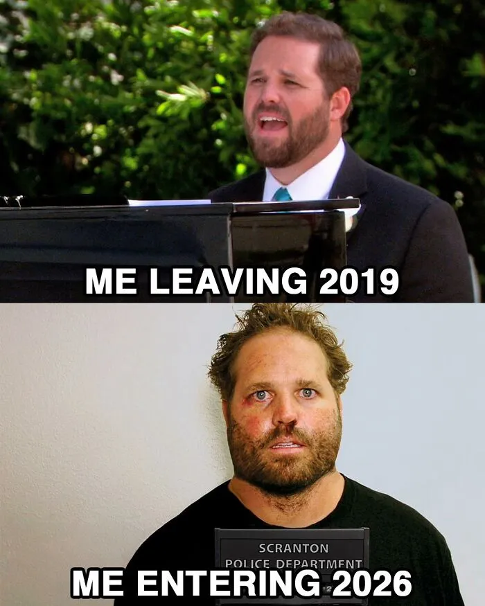 Man singing at piano in a suit contrasted with disheveled man in police mugshot, themed The Office memes.