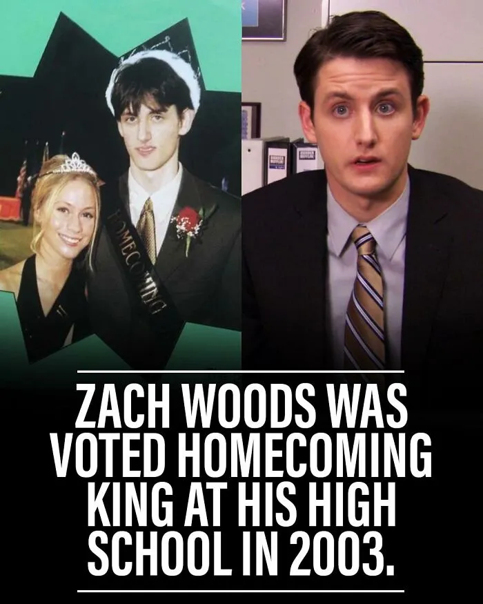 Side-by-side image of actor Zach Woods at homecoming and as a character on the TV series The Office.