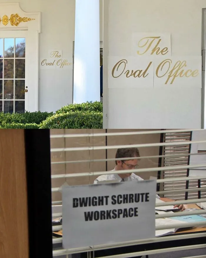 Two images showing Office-themed scenes: a misspelled Oval Office sign and Dwight Schrute working at his desk.