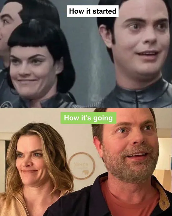 Two-panel meme showing characters with content expressions, illustrating the progression of The Office inspired memes.