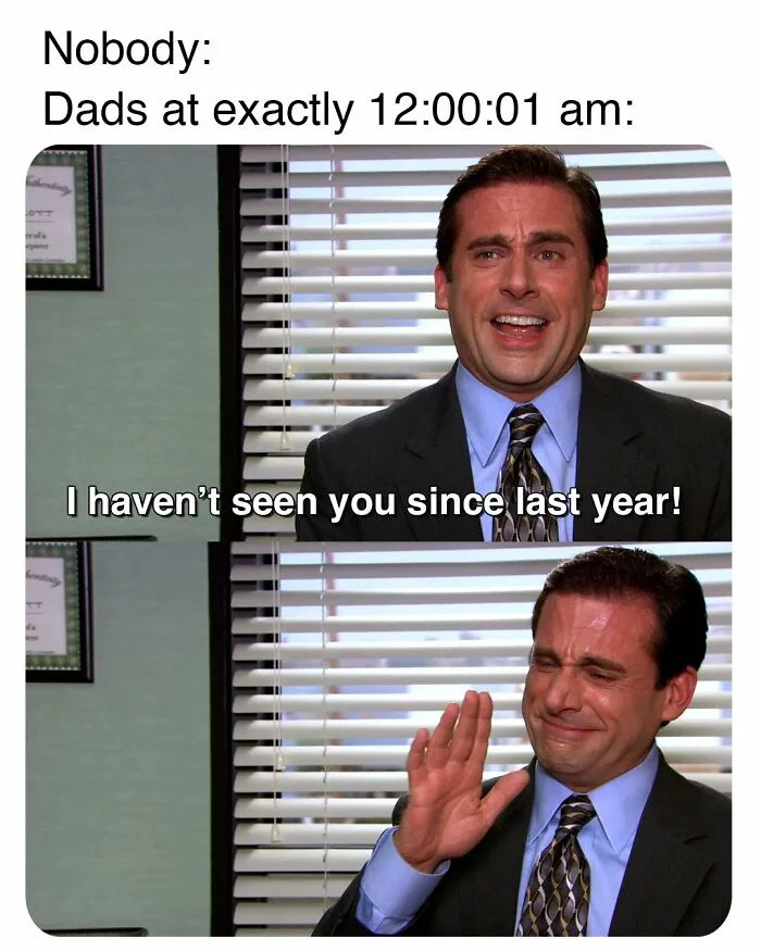 Screen grab from The Office meme showing a man in a suit smiling and waving, popular for memes inspired by The Office series.