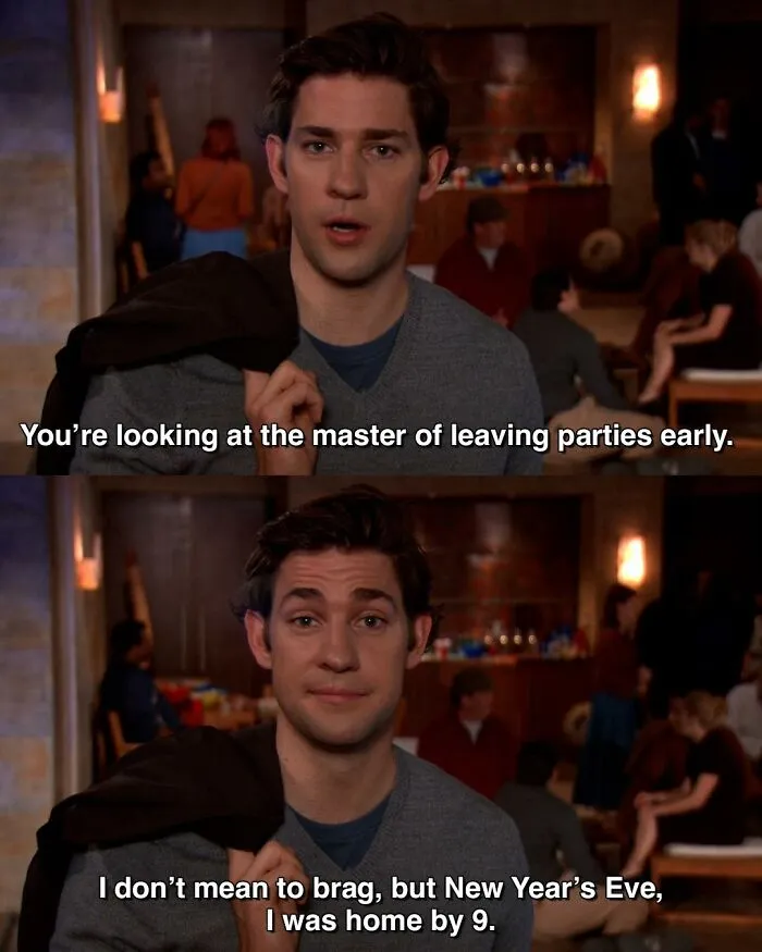 Man at a party leaving early with text meme, showcasing popular memes inspired by the TV series The Office.