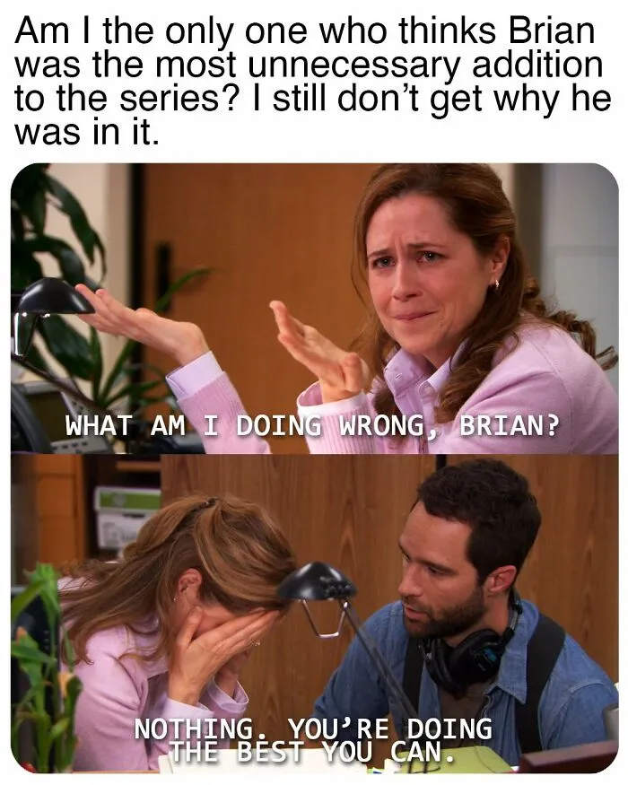 Scene from The Office meme showing an emotional woman and a man consoling her about unnecessary series character Brian.