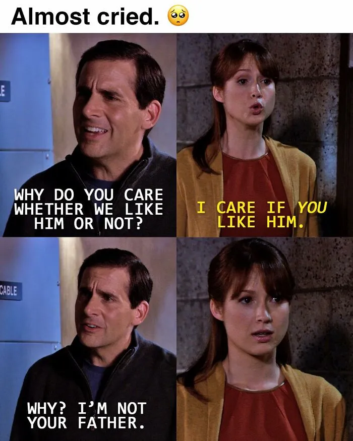 Scene from The Office meme with characters debating emotions, highlighting popular TV series inspired meme humor and reactions.