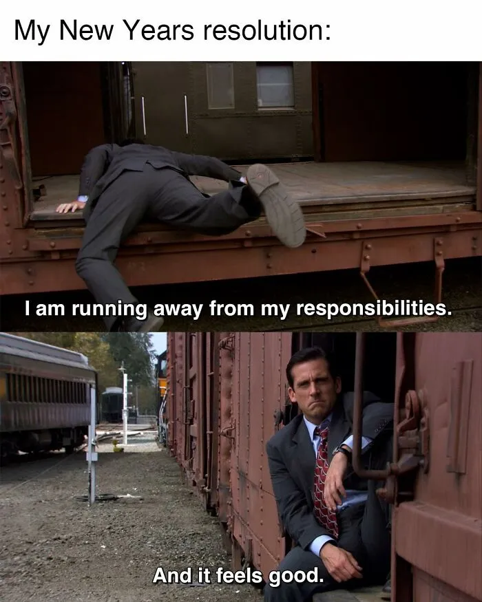 Man in suit climbing and sitting on a train, meme about running away from responsibilities, inspired by The Office memes.