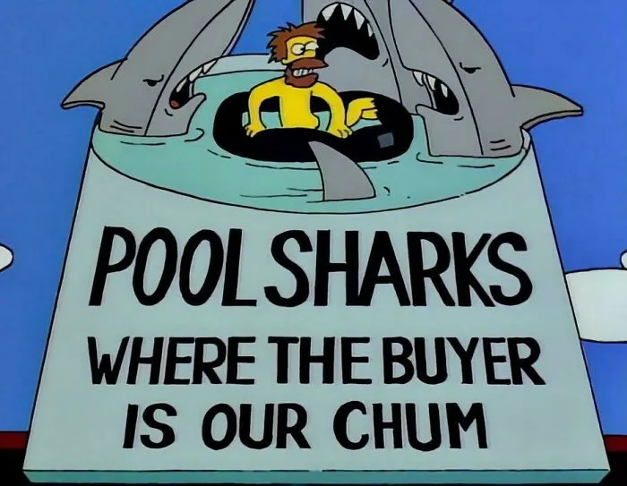 Ned Flanders trapped in pool with sharks in The Simpsons sign featuring best signs from the show.