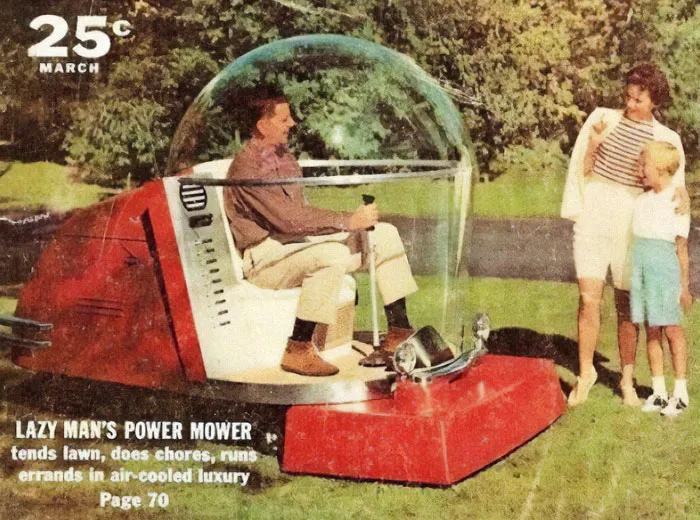 Esta cortadora de césped del futuro de 1957 estaba equipada con una cúpula de plástico, un asiento acolchado, un generador eléctrico, luces de marcha, radio y aire acondicionado.
