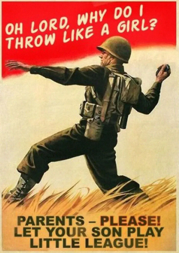 Soldado lanzando una bola en un cartel vintage, ejemplo de productos vintage fascinantes que ahora parecen extraños.