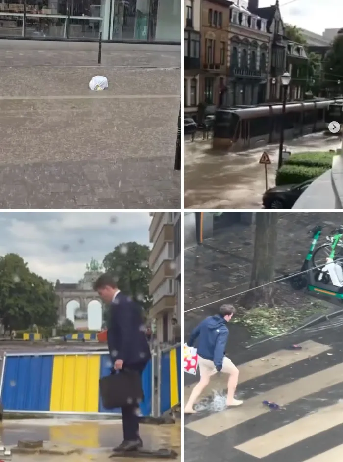 Collage showing weird and unhinged scenes on the streets of Brussels including flooding and unusual pedestrian behavior.