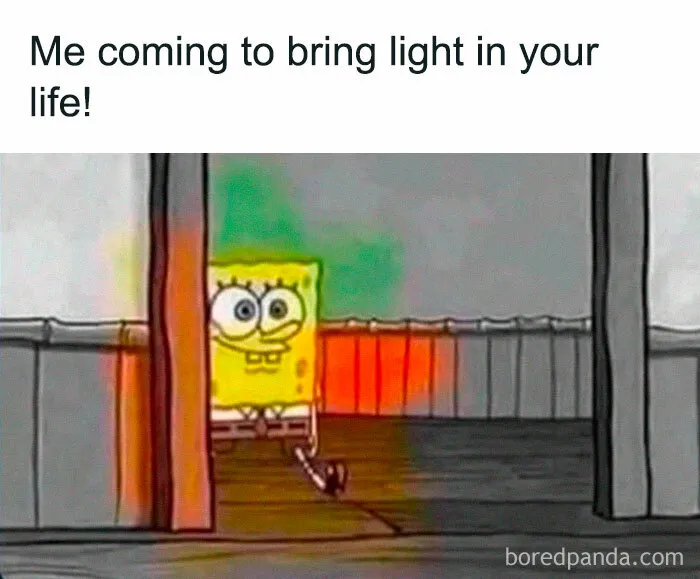 SpongeBob peeking with colorful light, representing loving memes to send to your girlfriend and show appreciation.