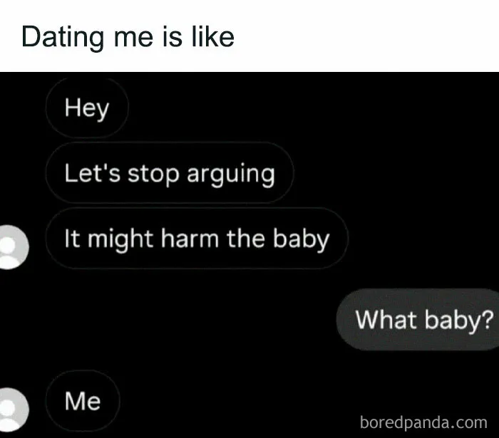 Text message meme showing a humorous conversation about stopping arguing to protect a baby, reflecting loving memes.
