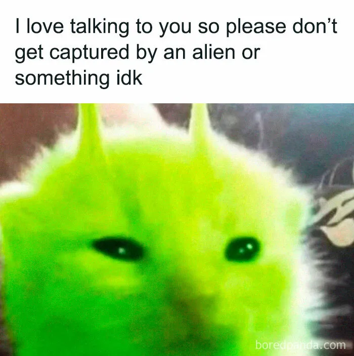 Cute green alien cat meme with text expressing love and care to make your girlfriend feel appreciated.
