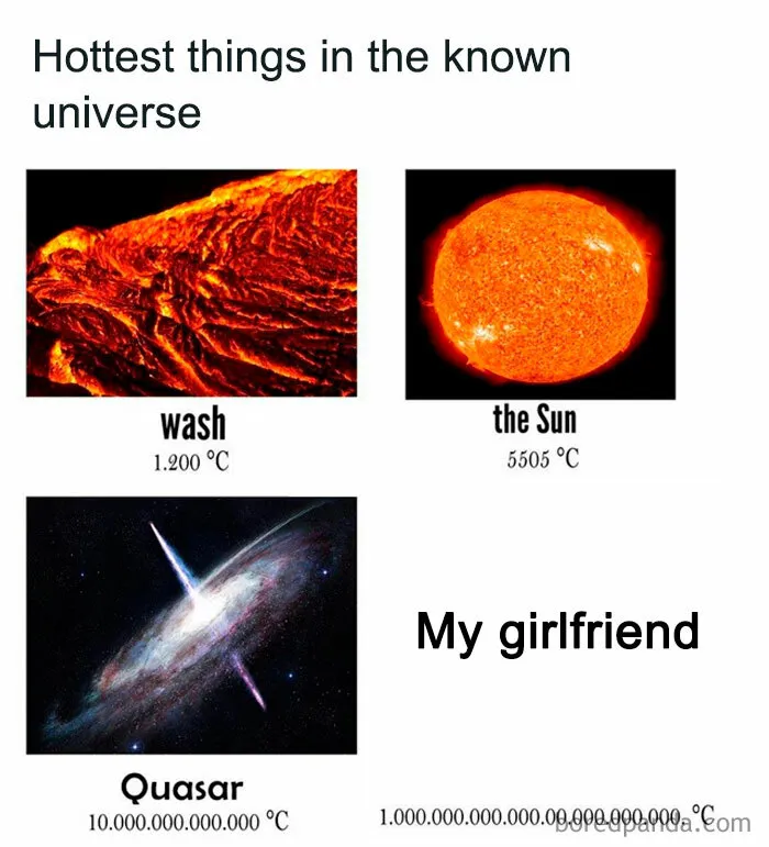 Meme comparing hottest things in the universe including wash, the Sun, quasar, and a loving girlfriend.