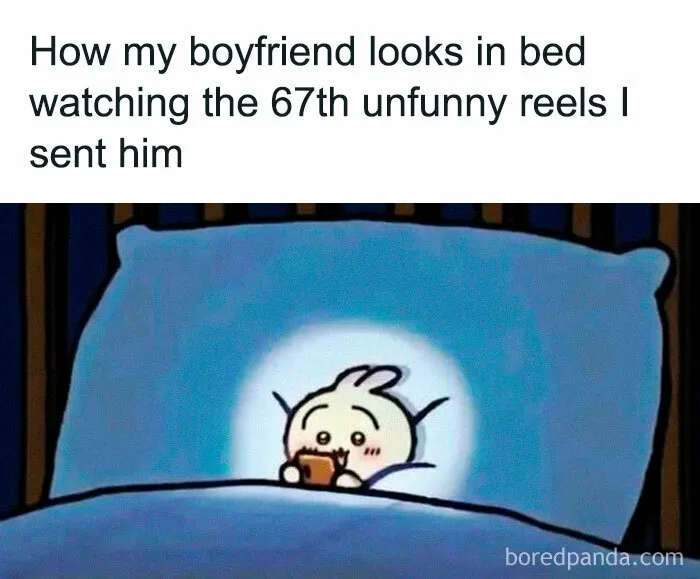 Cute cartoon character in bed looking at phone, a relatable loving meme to send to your girlfriend to feel appreciated.