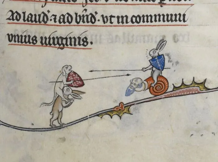 Medieval manuscript drawing of animals and a snail in a humorous scene from old paintings hilariously bad and brilliant.