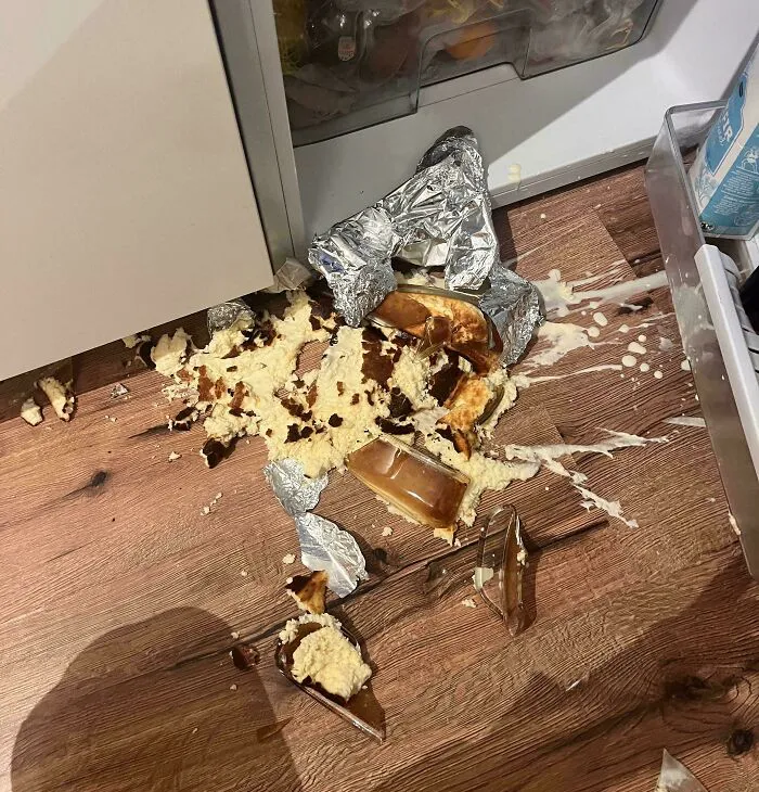 Broken dessert spilled on the floor with foil wrapping and wooden flooring showing a messy dessert ruin scene.