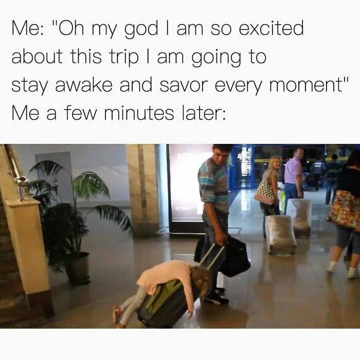 Tired child lying on suitcase at airport, illustrating humorous travel memes about exhaustion during trips.