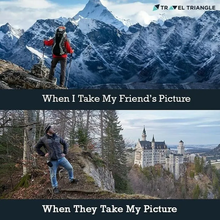 Hiker on snowy mountain with trekking poles versus person posing near a castle in travel memes about expensive travel.