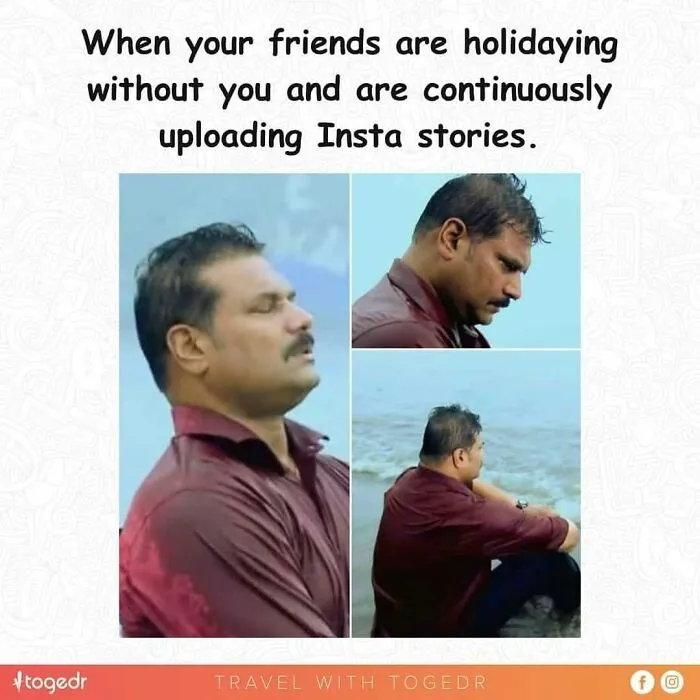 Man looking sad and reflective by the sea, illustrating feelings from travel memes about expensive travel and missing holidays.