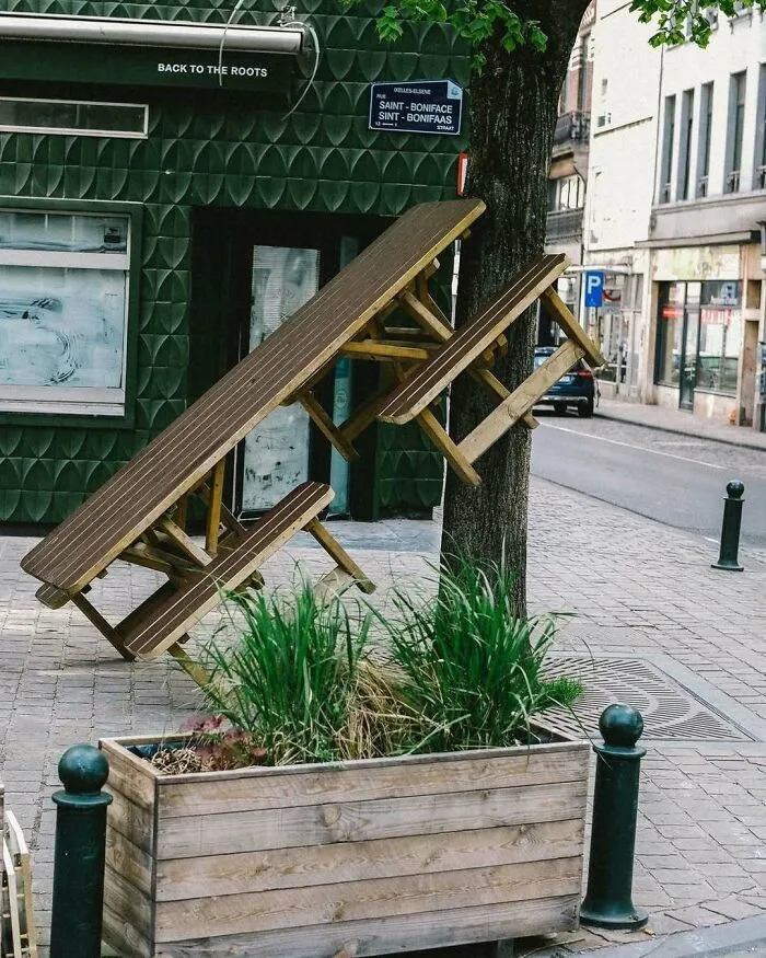 Wooden picnic table and benches oddly suspended on a tree trunk in the streets of Brussels, showcasing weird street art.