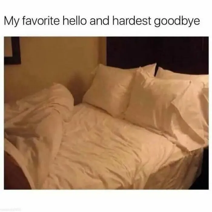 Unmade bed with crumpled sheets and pillows, illustrating a relatable meme about introvert life and favorite goodbyes.