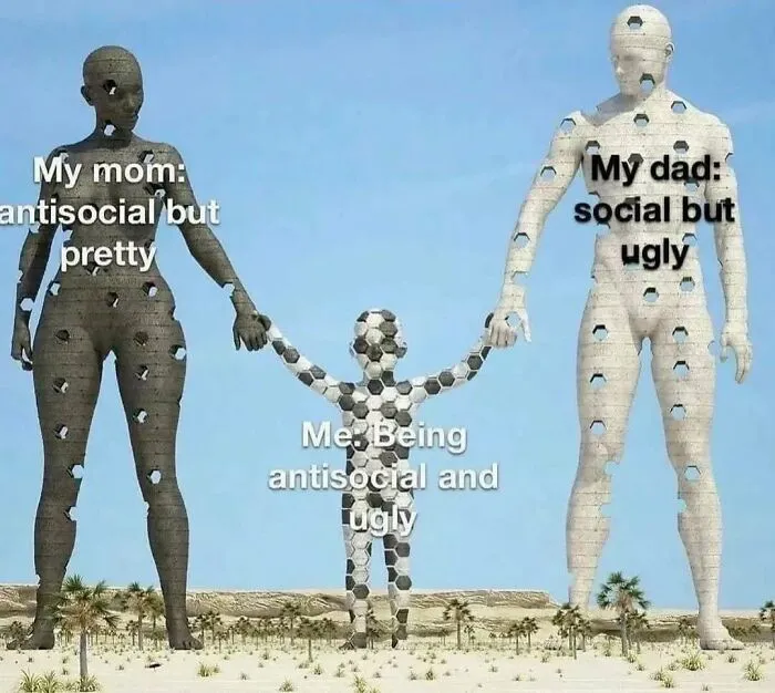 Three large soccer ball statues labeled as mom, dad, and child, depicting relatable introvert social traits meme.