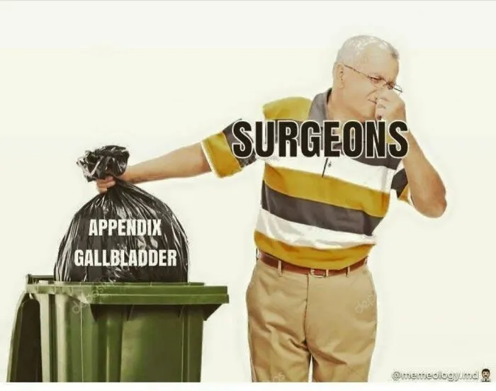 Man labeled surgeons holding trash bag labeled appendix gallbladder, humor meme about healthcare and medicine costs.