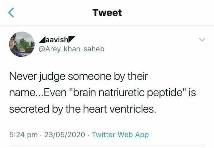 Tweet about not judging by names with a funny medical reference, related to healthcare and humor memes.