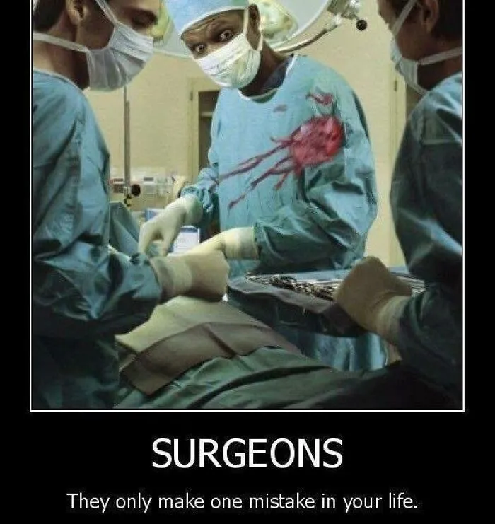 Surgeon with a bloody chest wound during surgery, humor meme highlighting medical mistakes and healthcare costs.