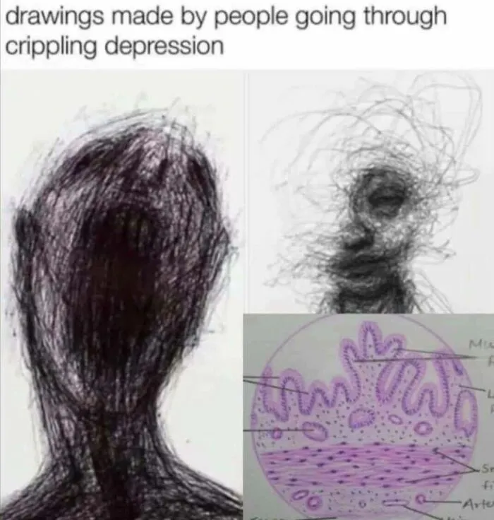 Abstract scribble drawings representing people experiencing depression, highlighting humor as the best medicine memes.