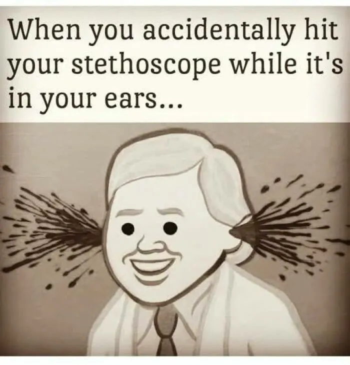 Cartoon of person with ears hurting after hitting stethoscope, illustrating healthcare memes about humor as medicine.