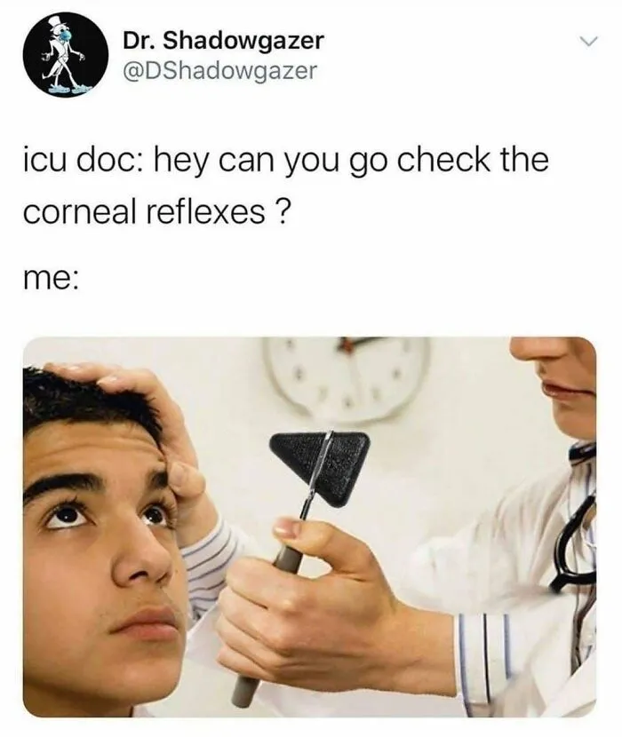 Meme showing humor about healthcare with a patient and doctor testing corneal reflexes in a clinical setting.