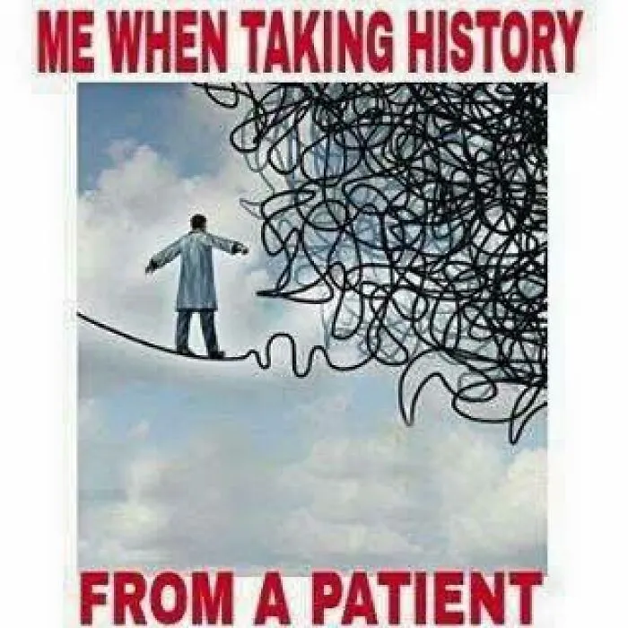 Person in a lab coat cautiously walking a tightrope toward chaotic scribbles, humor meme about healthcare and medicine.