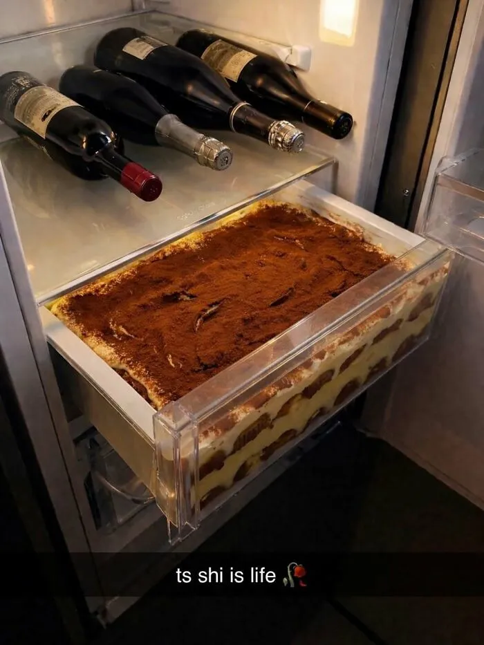 Large tiramisu dessert stored inside a refrigerator drawer beneath bottles of wine showing random and bizarre memes concept.