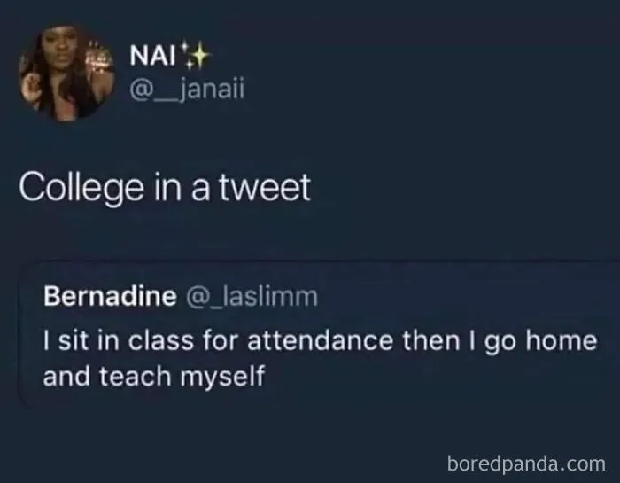 Screenshot of a humorous tweet about college and self-teaching, part of memes highlighting humor as medicine.