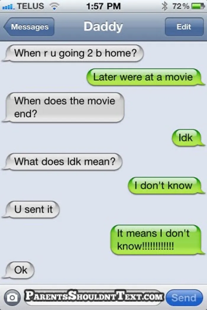 Text conversation screenshot showing a humorous exchange, illustrating anxiety prime through confused texting.