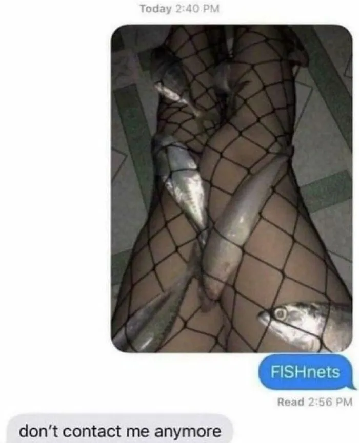 Text message showing legs in fishnet stockings with fish inside, humorously highlighting anxiety prime conversations.