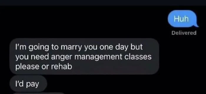 Text conversation screenshot showing a humorous message mentioning anger management, relevant to anxiety prime discussions.
