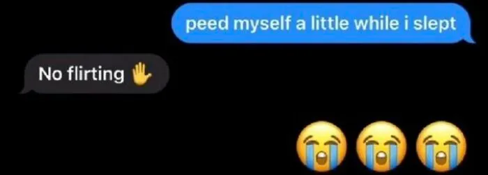 Text conversation with humorous messages about anxiety, including a confession and a no flirting warning emoji.