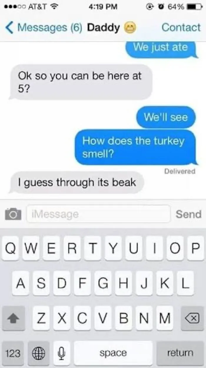 Text conversation showing funny and relatable anxiety prime humor in casual messaging about turkey smell and plans.