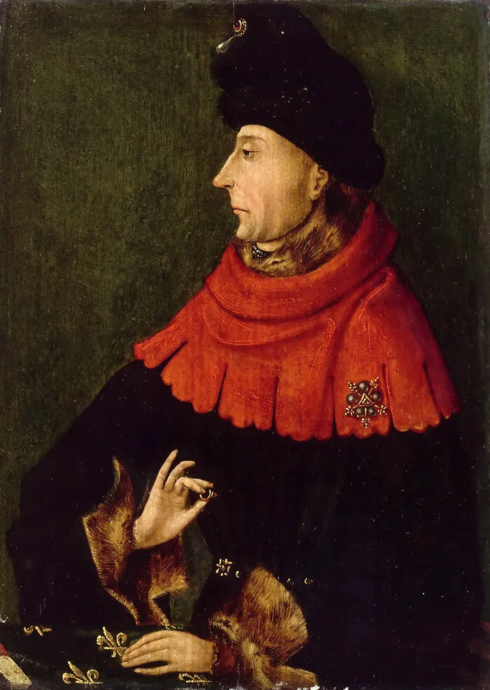 Portrait of a man in old painting with red and black fur-trimmed clothing, showcasing hilariously bad old paintings with unique charm.