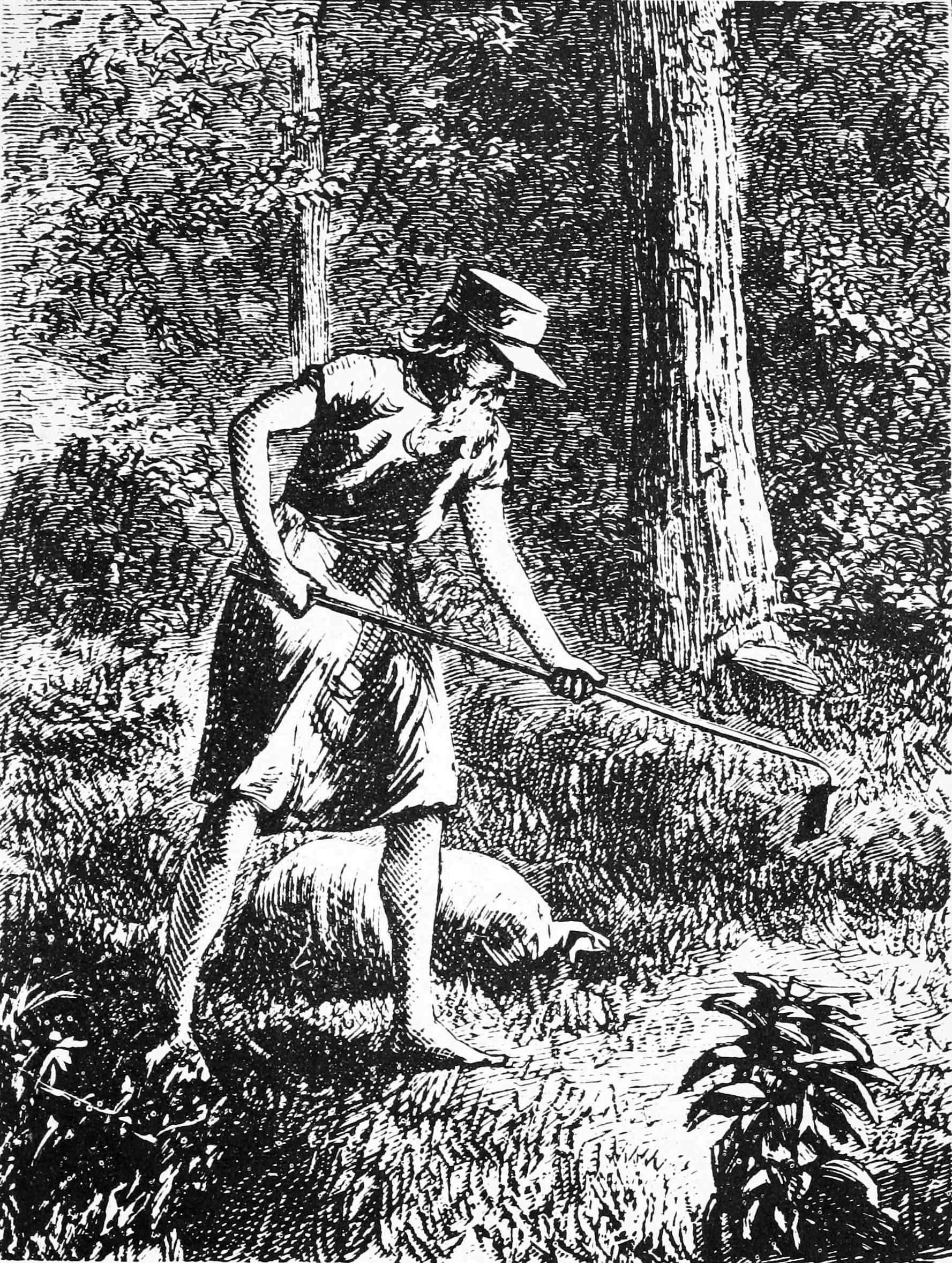 Vintage black and white illustration of a farmer in a forest clearing, related to local inside jokes shared by people.