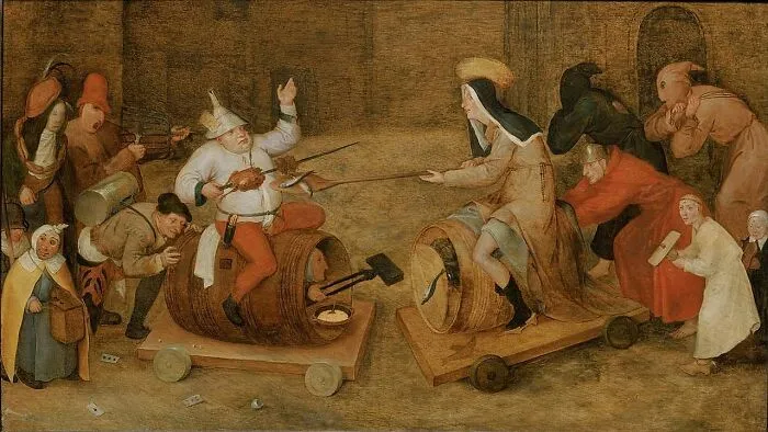 Old painting showing a humorous medieval scene with characters on barrel carts, highlighting hilariously bad old paintings.