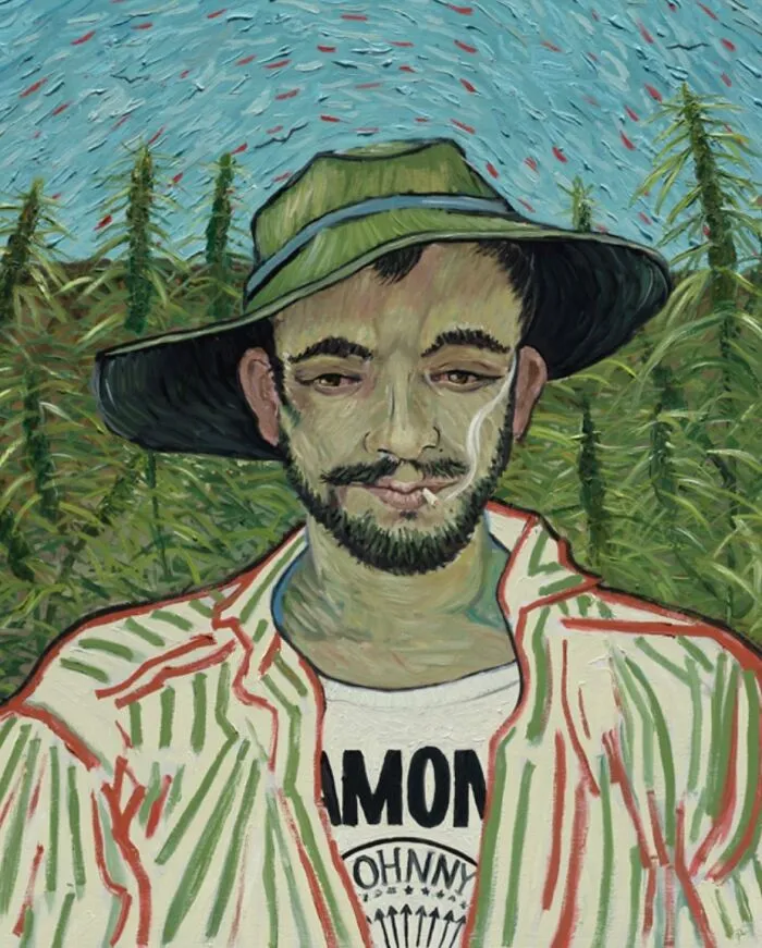Portrait by Scottish artist of a bearded man in hat and striped shirt smoking, plants in textured painted background