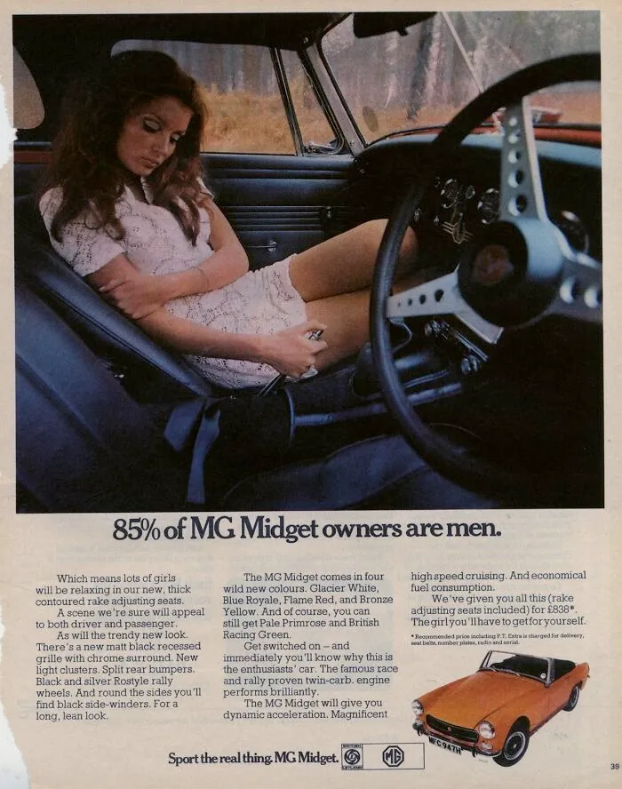 Vintage women’s ads featuring a woman in a car highlighting gender roles and MG Midget car ownership statistics.