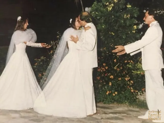 Bride and groom kissing awkwardly with another bride and man reaching out in humorous wedding photos.
