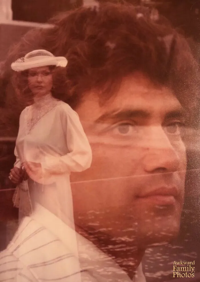 Double exposure wedding photo showing a bride in a hat and a groom's close-up face, an awkward wedding photo example.